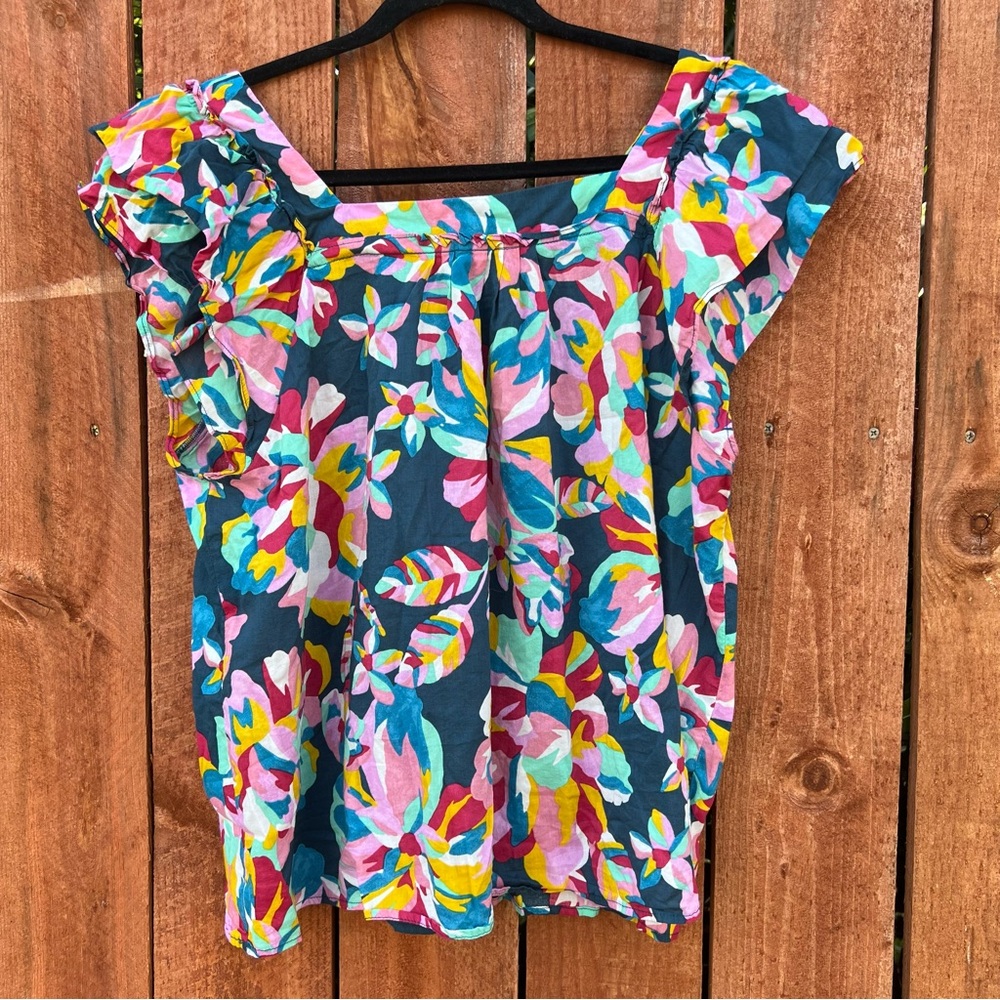 Blue and Pink Ruffled Cap Sleeve Blouse